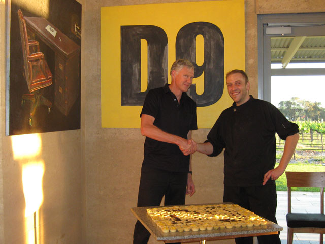 Culinary collaboration of artist Ron Nyisztor (L) and chef Manu Fillaudeau (R) at the opening